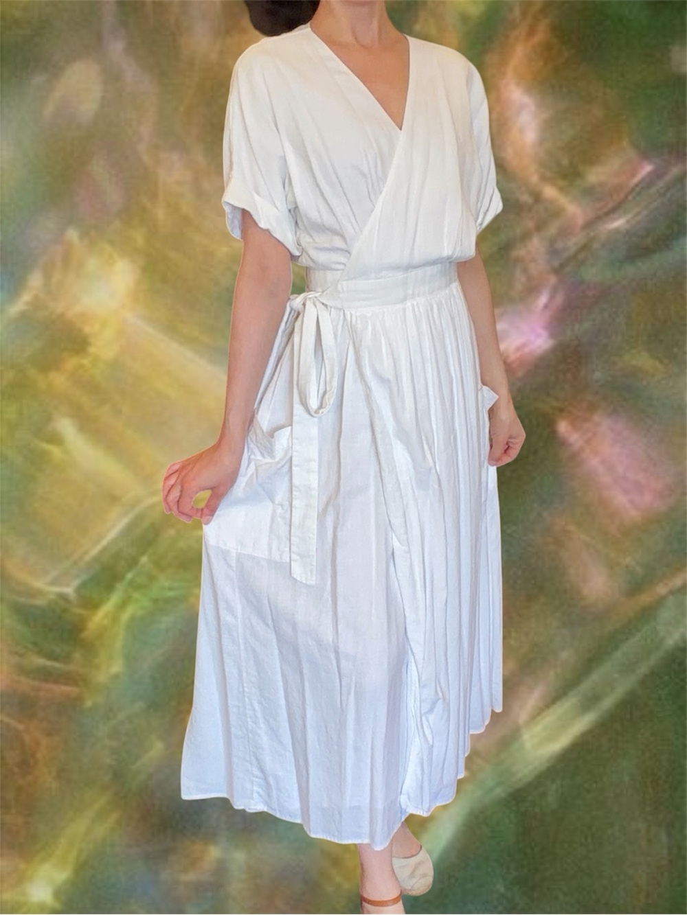 URBAN OUTFITTERS White Wrap Midi Dress Side Pockets Cuffed Sleeve XS